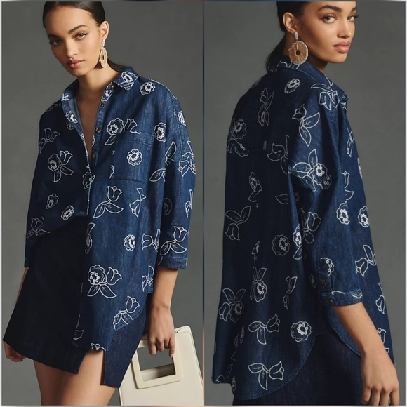 Anthropologie, Maeve Oversized Denim Embroidered Button Front Shirt SZ Large - Picture 12 of 12